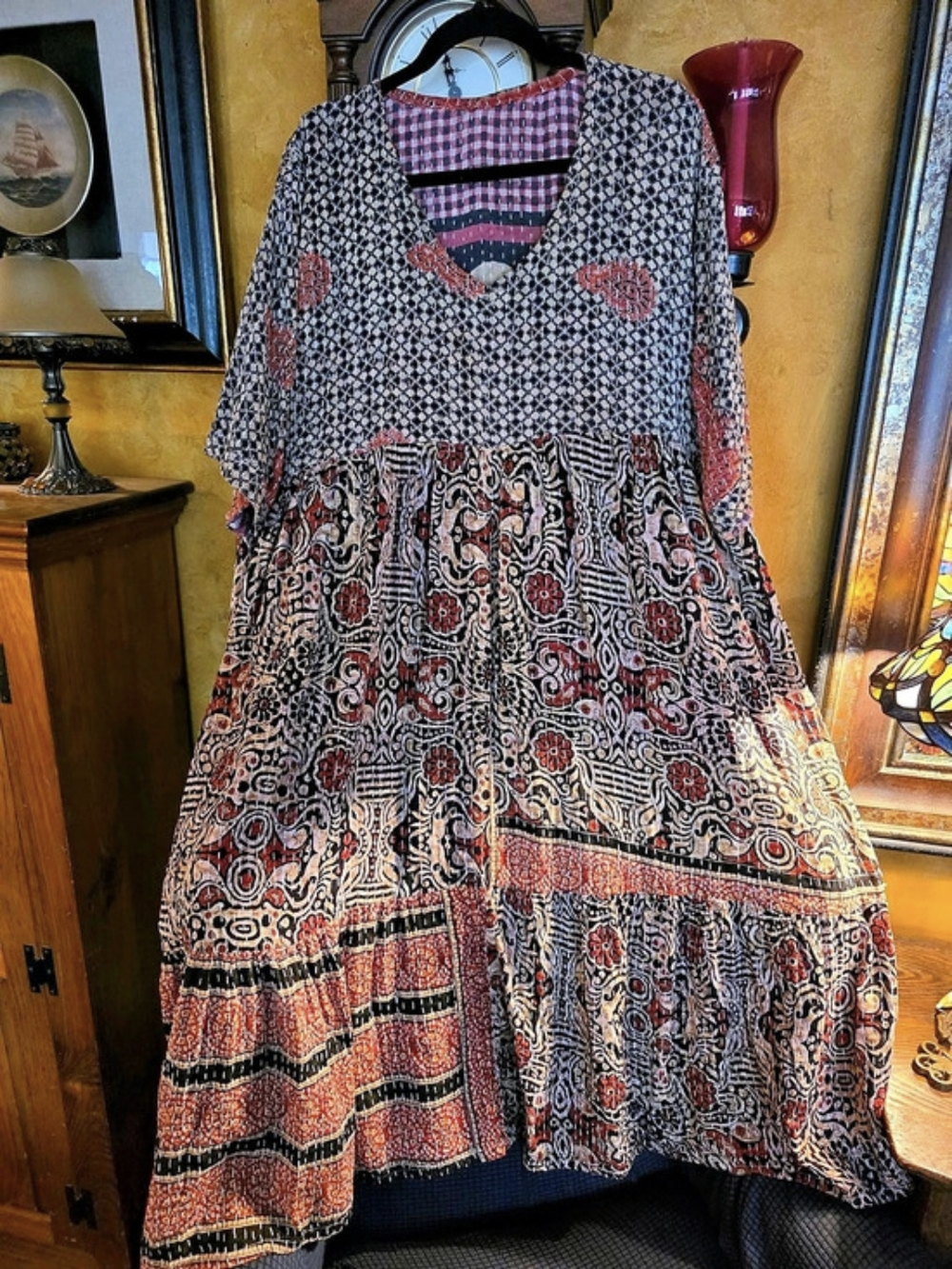 Kantha Floral Maxi Dress in Black & Red